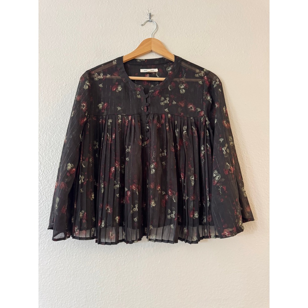Avec Les Filles Floral Pleated Babydoll Blouse Small Black Metallic Sheer Top EX